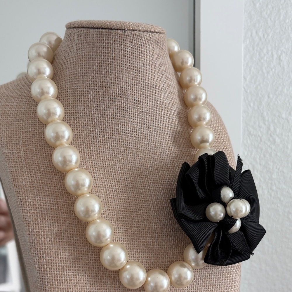 Lane Bryant Cream Pearl Statement Necklace with Black Ribbon